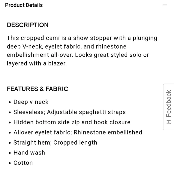 Eyelet Deep V-Neck Embellished Cropped Cami - Picture 5 of 5